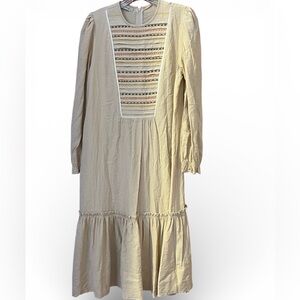 Bohemian Cream Long Balloon Sleeves Dress with Embroidered Yolk Cottage Prarie